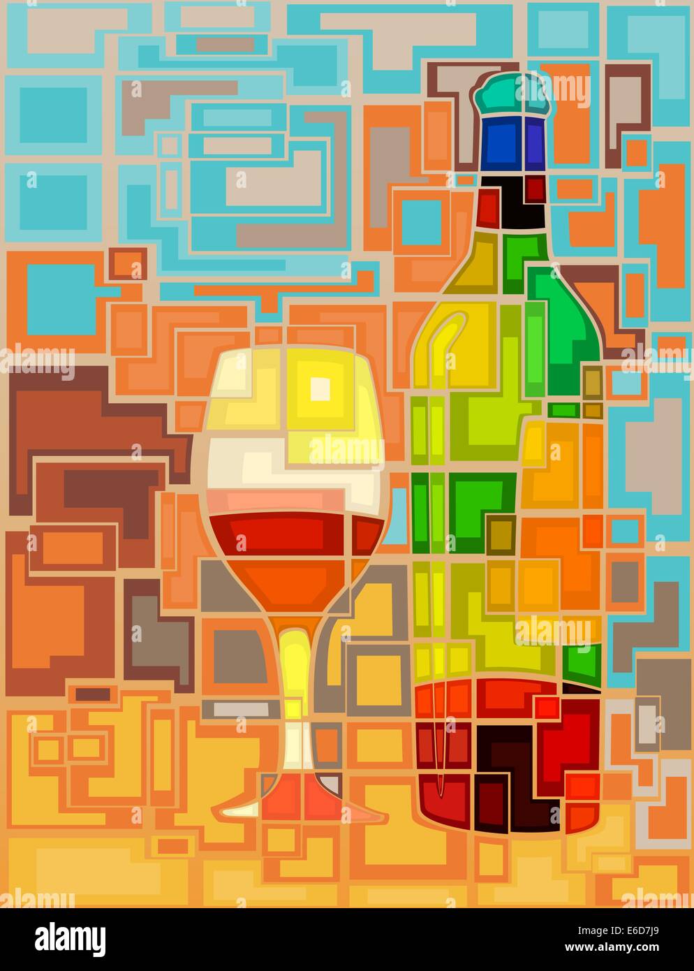 Abstrakte Mosaik bearbeitbares Vektor-Illustration einer Flasche Wein und Glas Stock Vektor