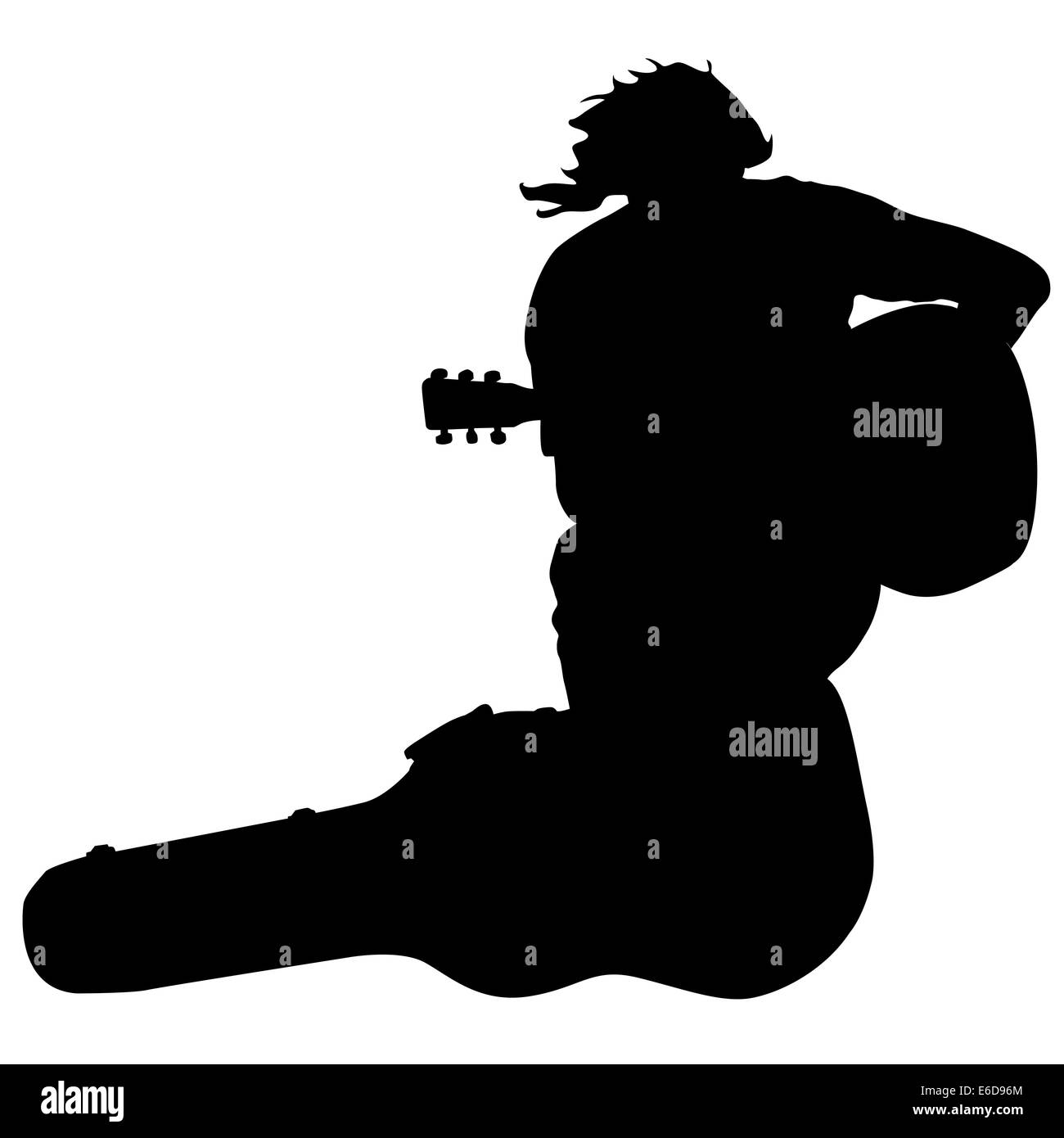 Silhouette Musiker Gitarrenspieler sitzen auf der Fall.  Abbildung. Stockfoto