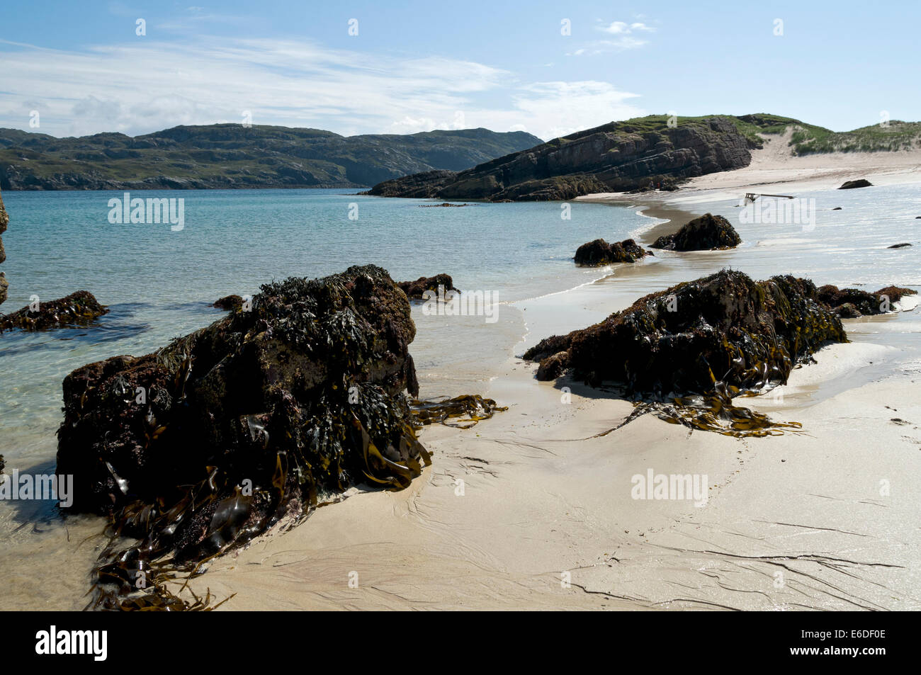 Der Strand, wo die Passagierfähre auf der Ostküste der Insel Handa, Sutherland, Schottland, UK landet Stockfoto