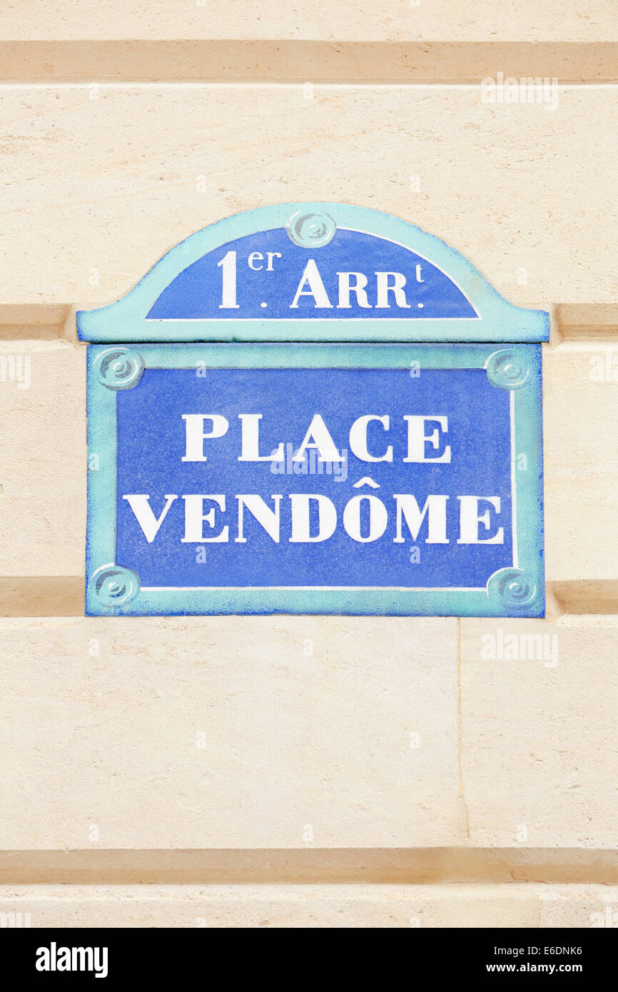 Zeichen der Place Vendome in Paris, Frankreich Stockfoto