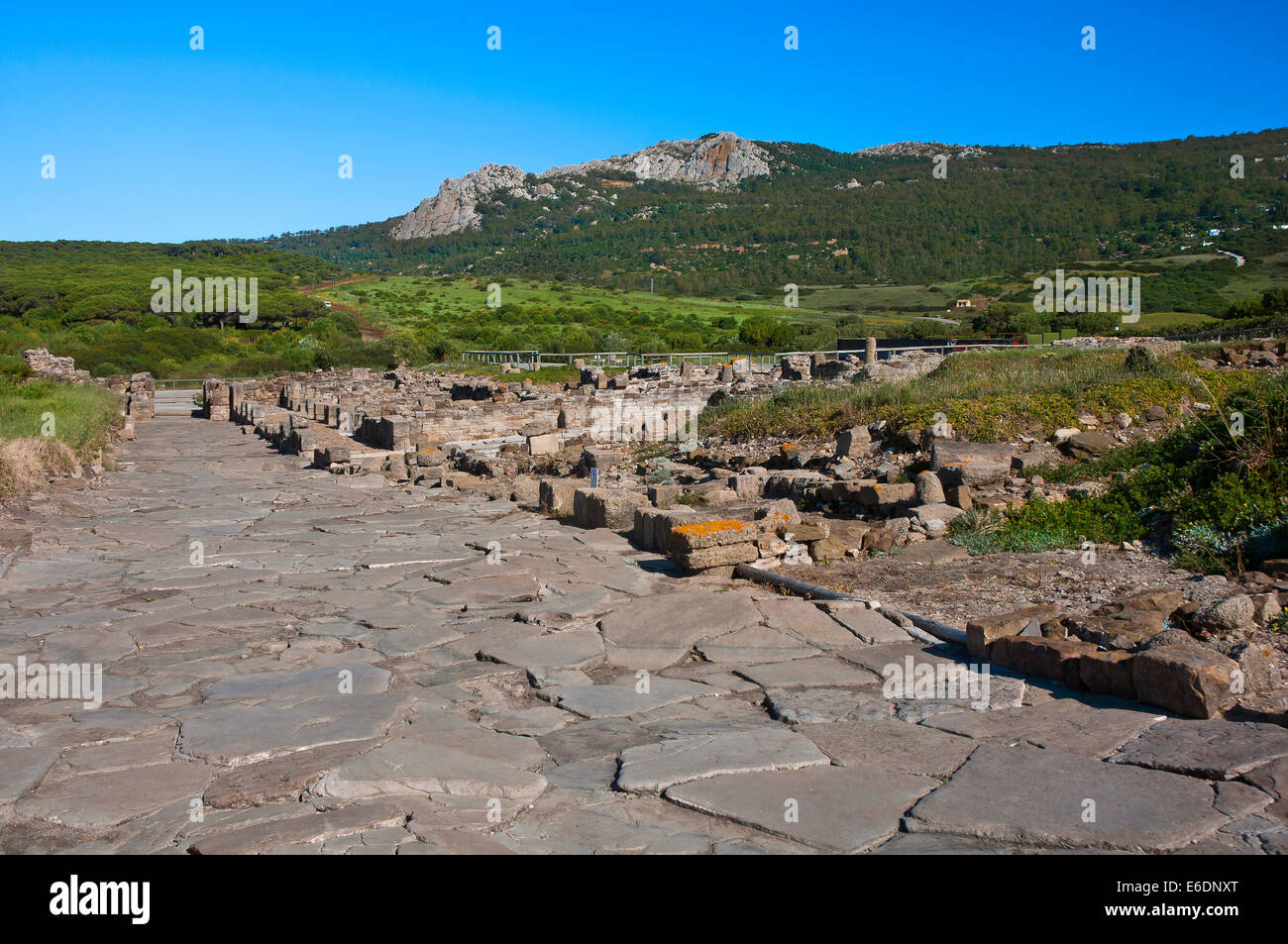 Römische Ruinen Baelo Claudia - Decumanus Maximus und Sierra De La Plata, Tarifa, Cadiz Provinz, Andalusien, Spanien, Europa Stockfoto