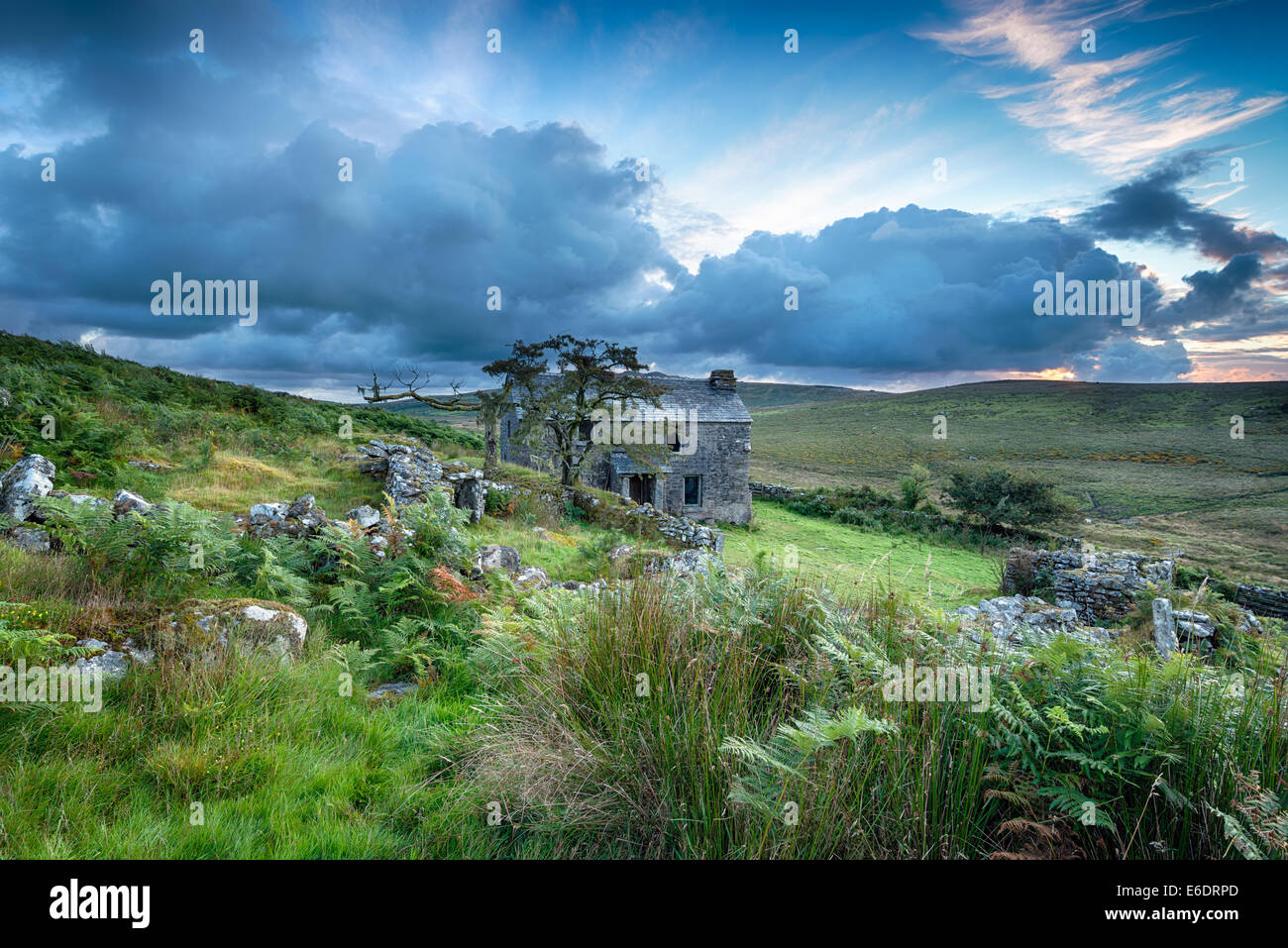 Verfallenes Bauernhaus unter einem dramatischen Himmel auf Bodmin Moor in Cornwall Stockfoto