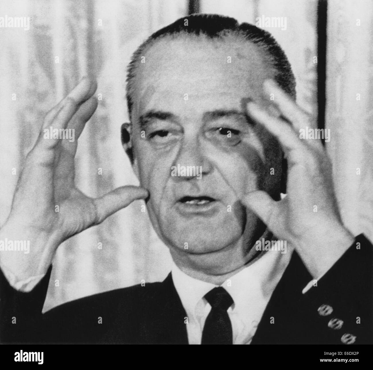 Nahaufnahme von US-Präsident Lyndon B. Johnson bei der Bewältigung der National Conference on Schulgesetze, Washington, Stockfoto