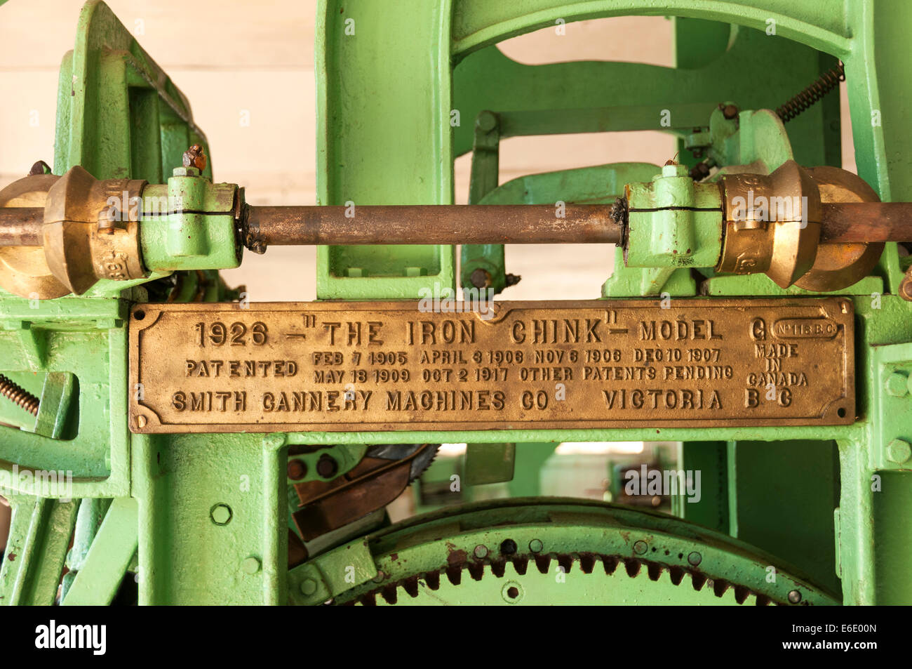 Elk203-4257 Kanada, British Columbia, Port Edward, North Pacific Cannery National Historic Site, Konservenfabrik Gebäude, Maschine Stockfoto