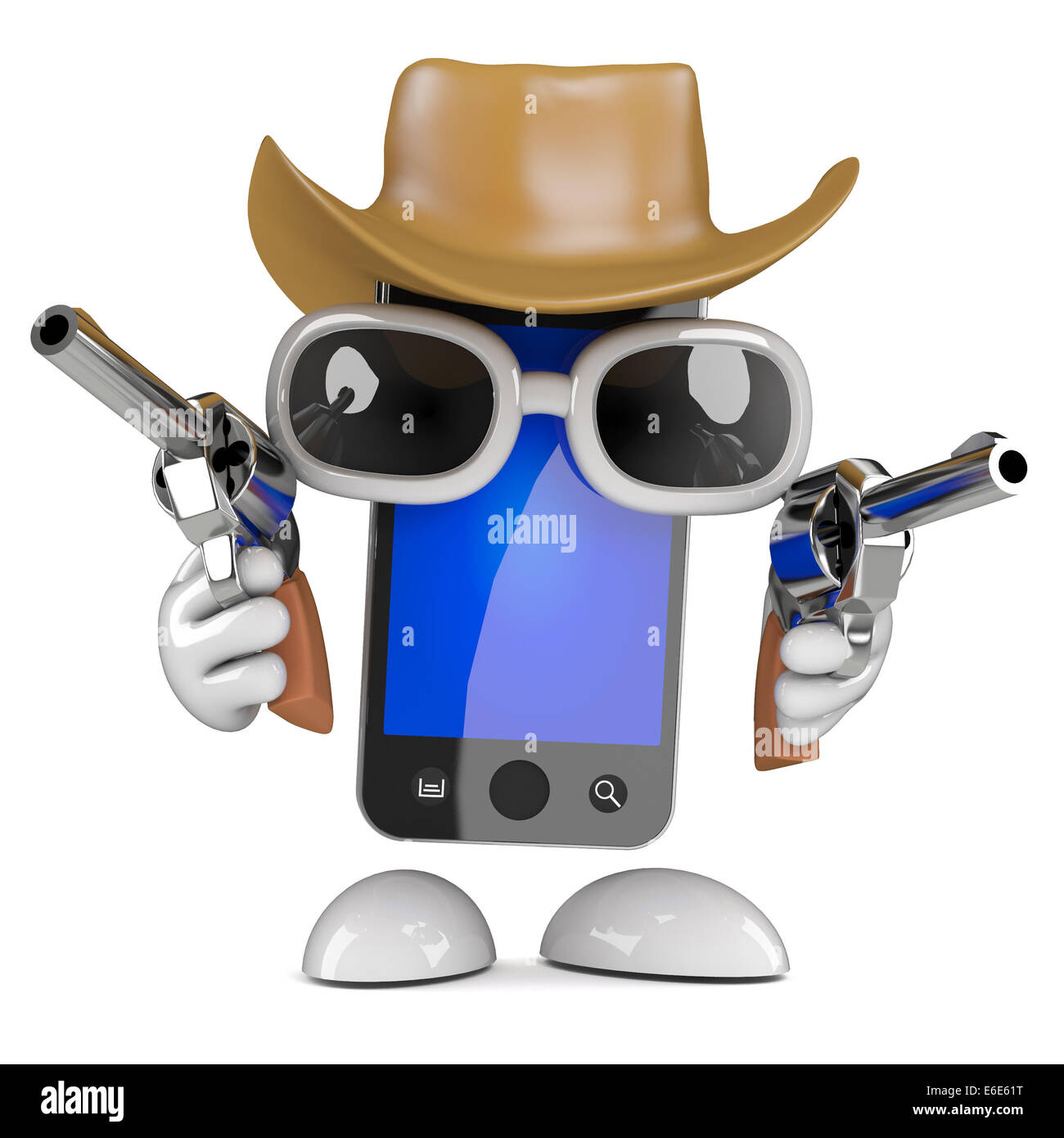 3D Rendering eines Smartphones einen Cowboys Hut und Pistolen schießen Stockfoto