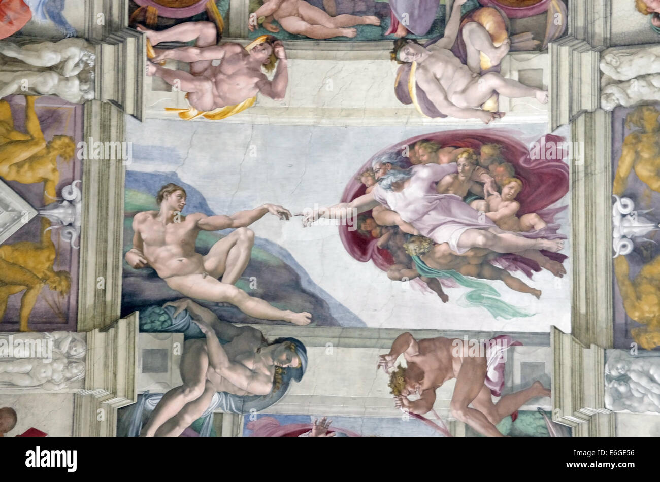 Adam Schöpfung, Meisterwerk von Michelangelo in der Sixtinischen Kapelle, Rom Stockfoto