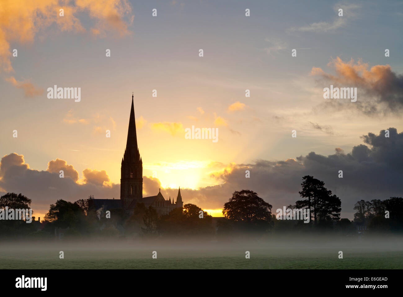 Eine Schicht von Nebel über den Auen neben der Kathedrale von Salisbury in Wiltshire, England, fotografiert bei Sonnenaufgang. Stockfoto