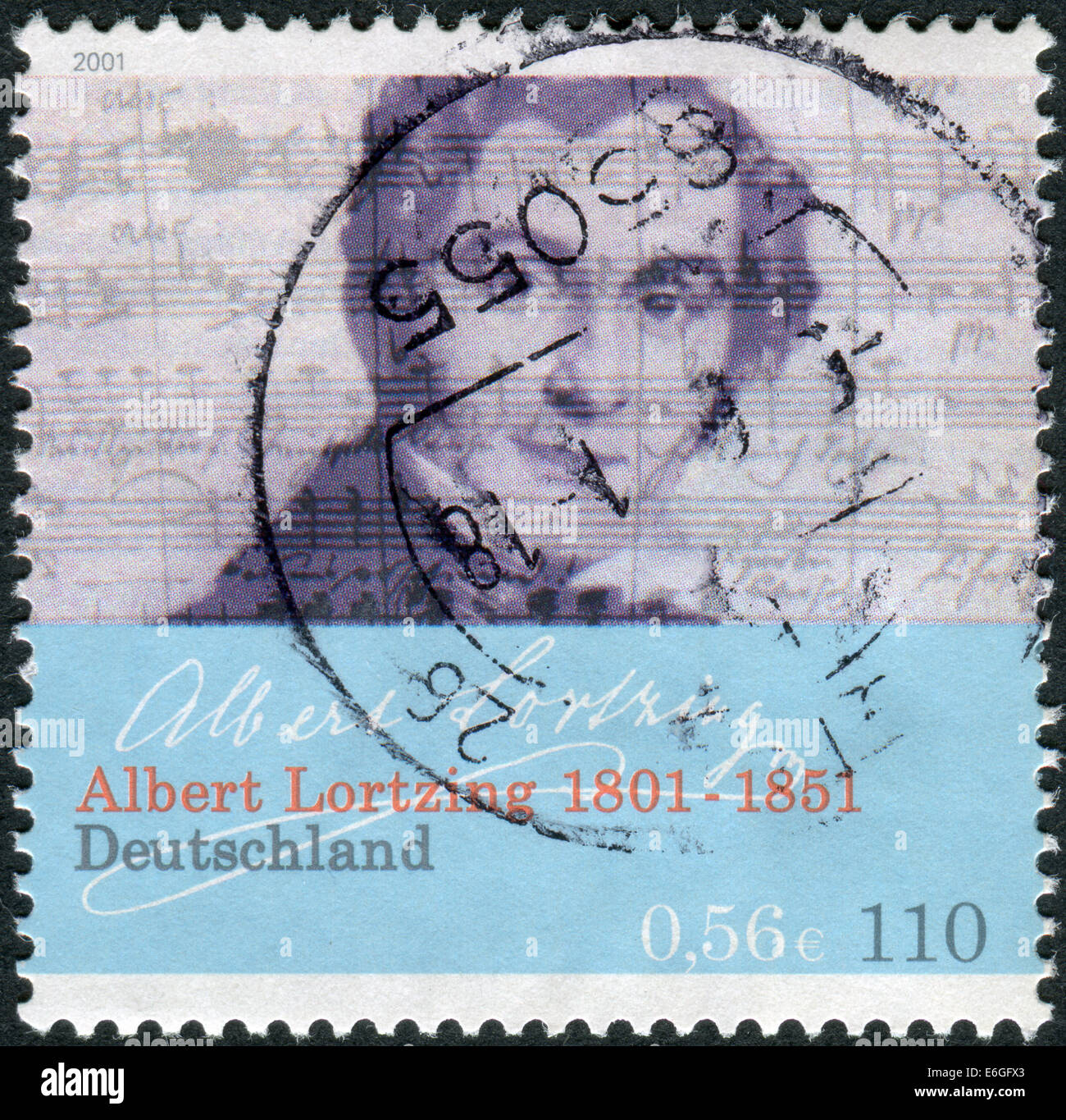 Stempel in Deutschland gedruckt, gewidmet dem 200. Jahrestag der Geburt, der Komponist, Schauspieler und Sänger Gustav Albert Lortzing Stockfoto