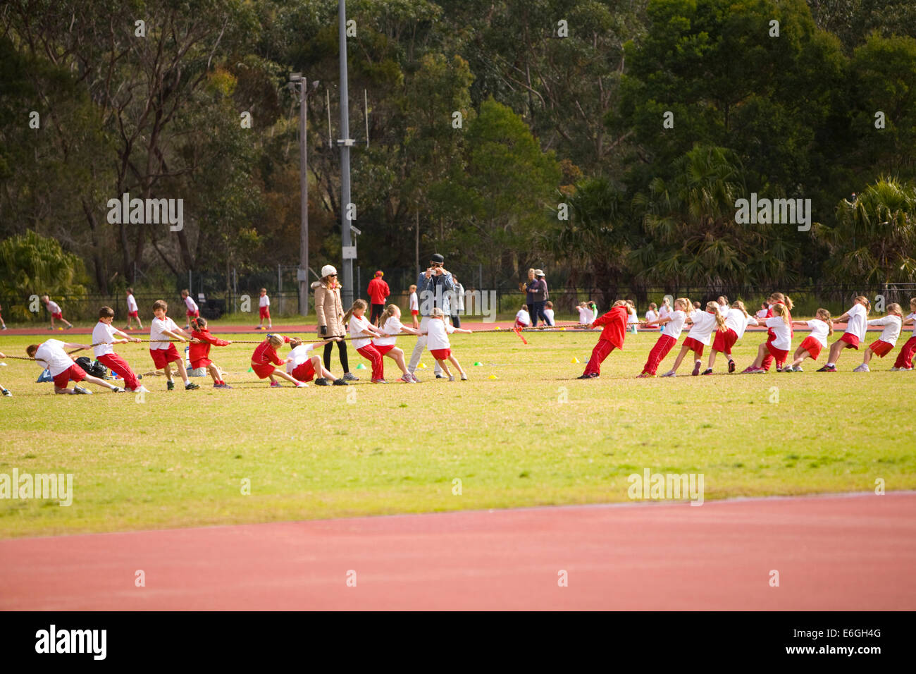 Tauziehen australische Grundschule Sport und Athletik Wettkampftag in Narrabeen, Sydney, Australien Stockfoto