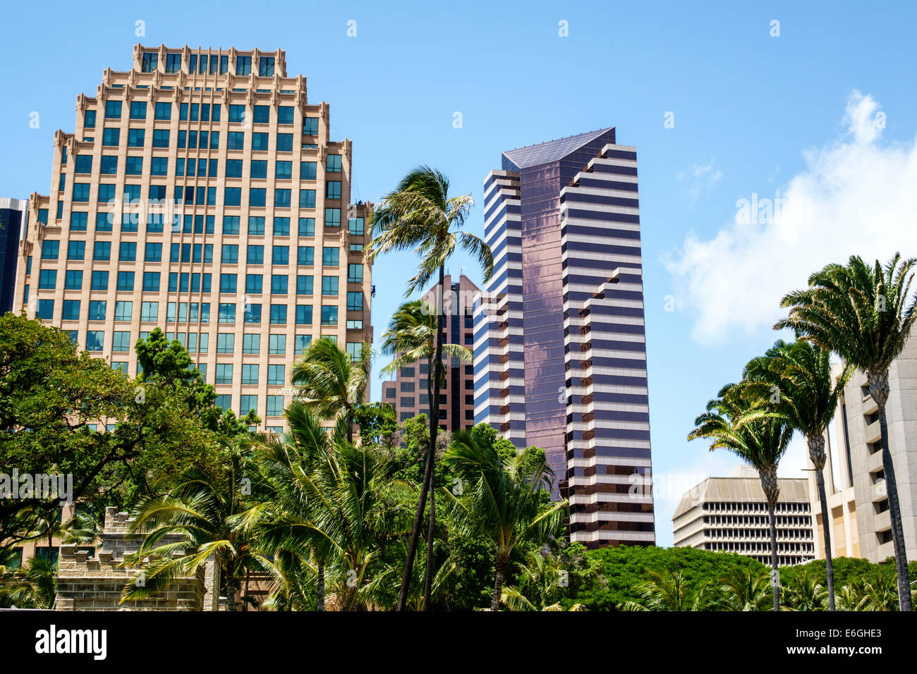 Honolulu Hawaii, Oahu, Hawaiian, Skyline der Innenstadt, Hochhaus, Bürogebäude mit Wolkenkratzern, Palmen, USA, USA, USA, Amerika Polynesien, HI14032503 Stockfoto