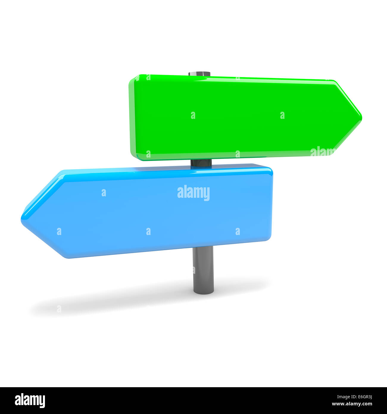 Blaue und grüne Verkehrszeichen Pfeile 3D-Illustration Gabel Konzept Stockfoto