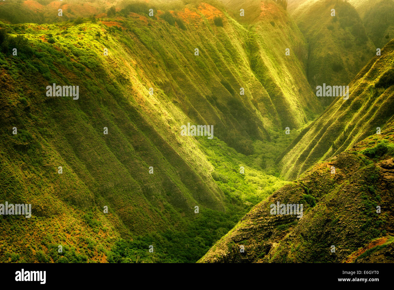 Maunalei Tal mit gefleckten Licht. Lanai, Hawaii. Stockfoto