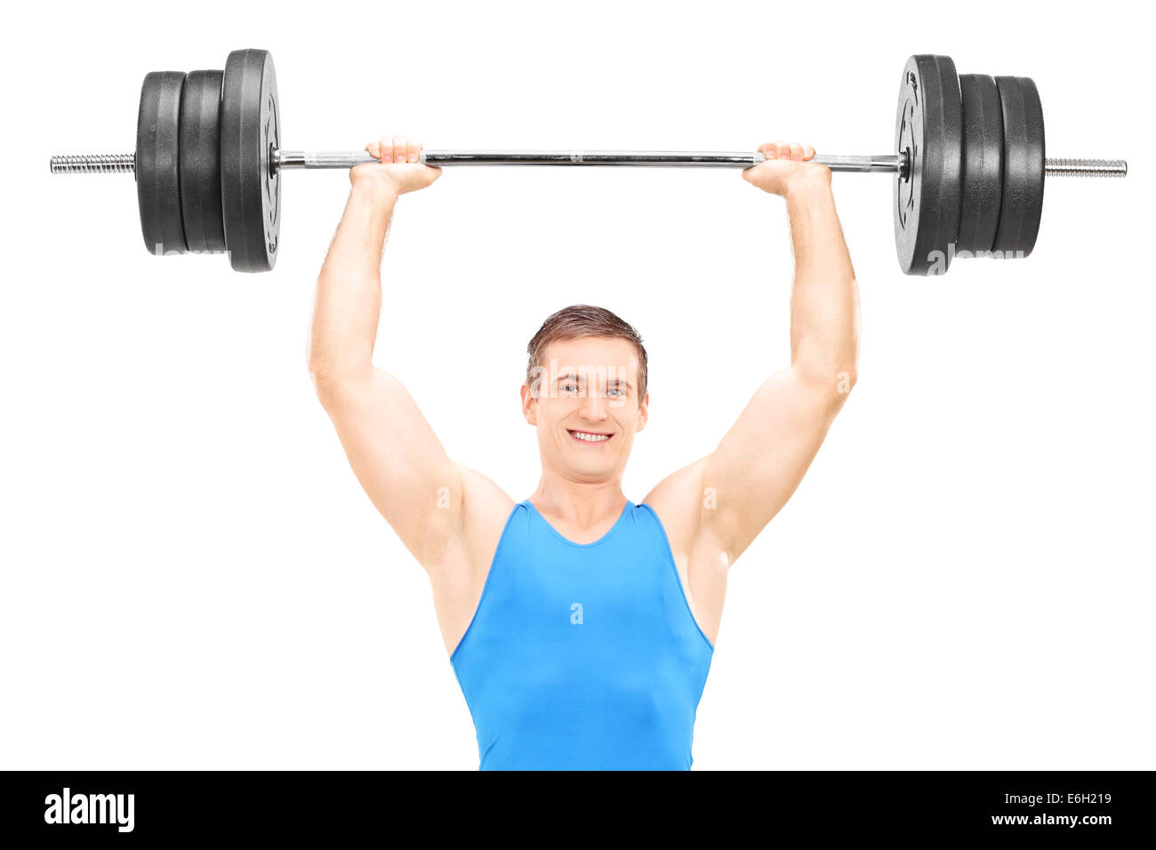 Männliche Gewichtheber hält eine Langhantel isoliert auf weißem Hintergrund Stockfoto