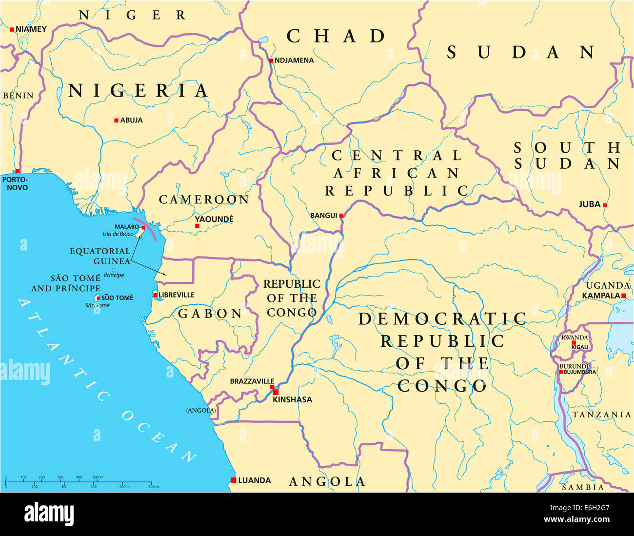 Westen Zentralafrika politische Karte mit Hauptstädten, Ländergrenzen, Flüssen und Seen. Abbildung mit englischer Beschriftung. Stockfoto