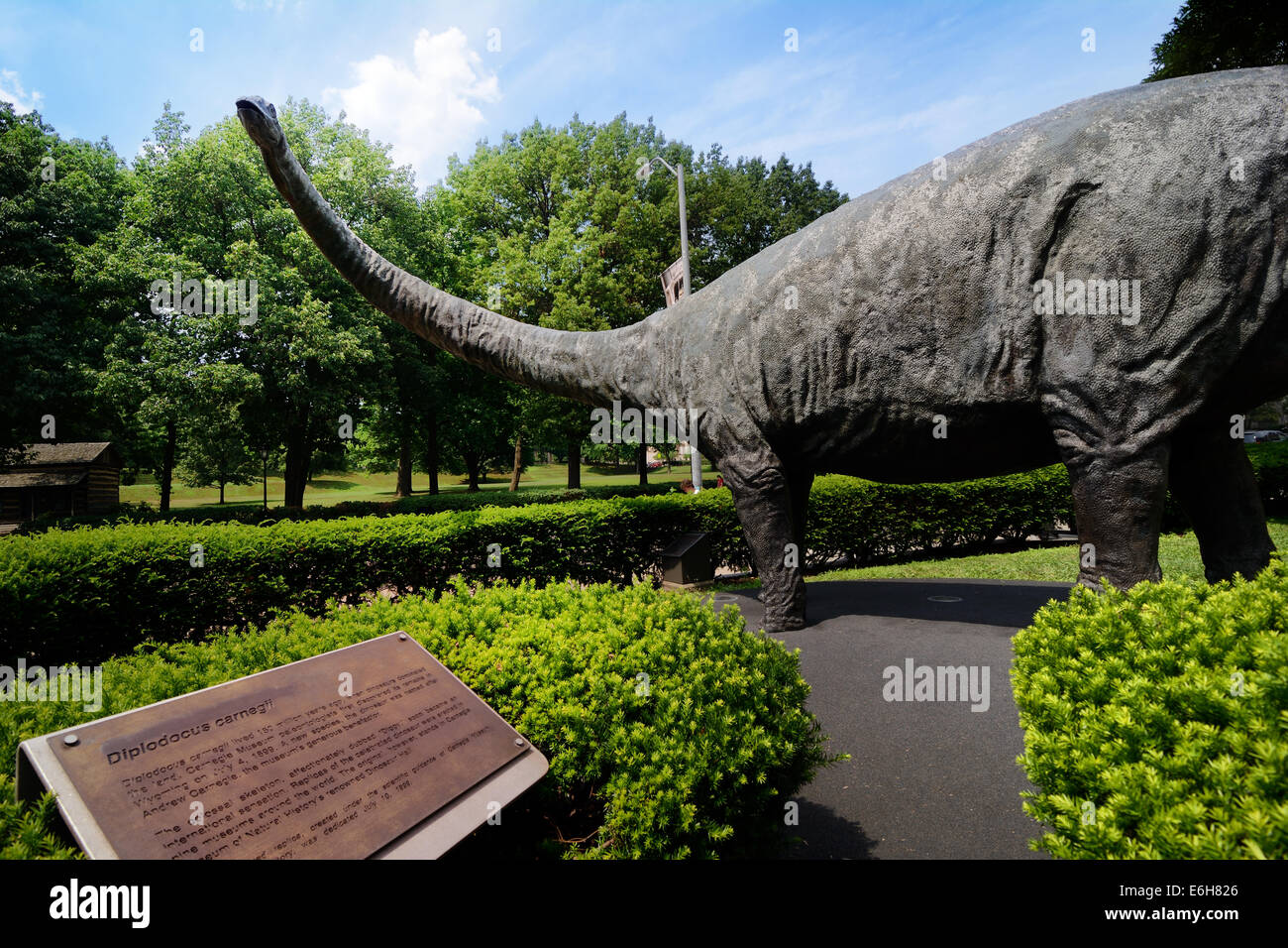 Die "Dippy" Skulptur eines Dinosauriers Diplodocus begrüßt Besucher, das Carnegie Museum of Natural History in Pittsburgh, PA. Stockfoto