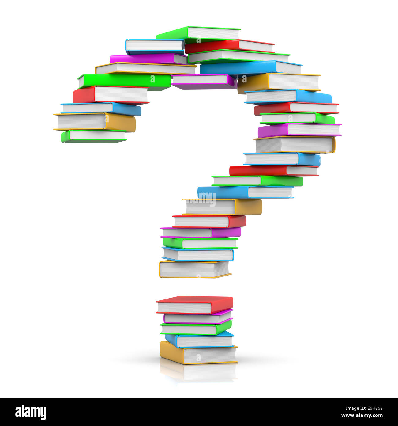 Haufen von farbigen Bücher in Form von Fragezeichen auf weißem Hintergrund Stockfoto