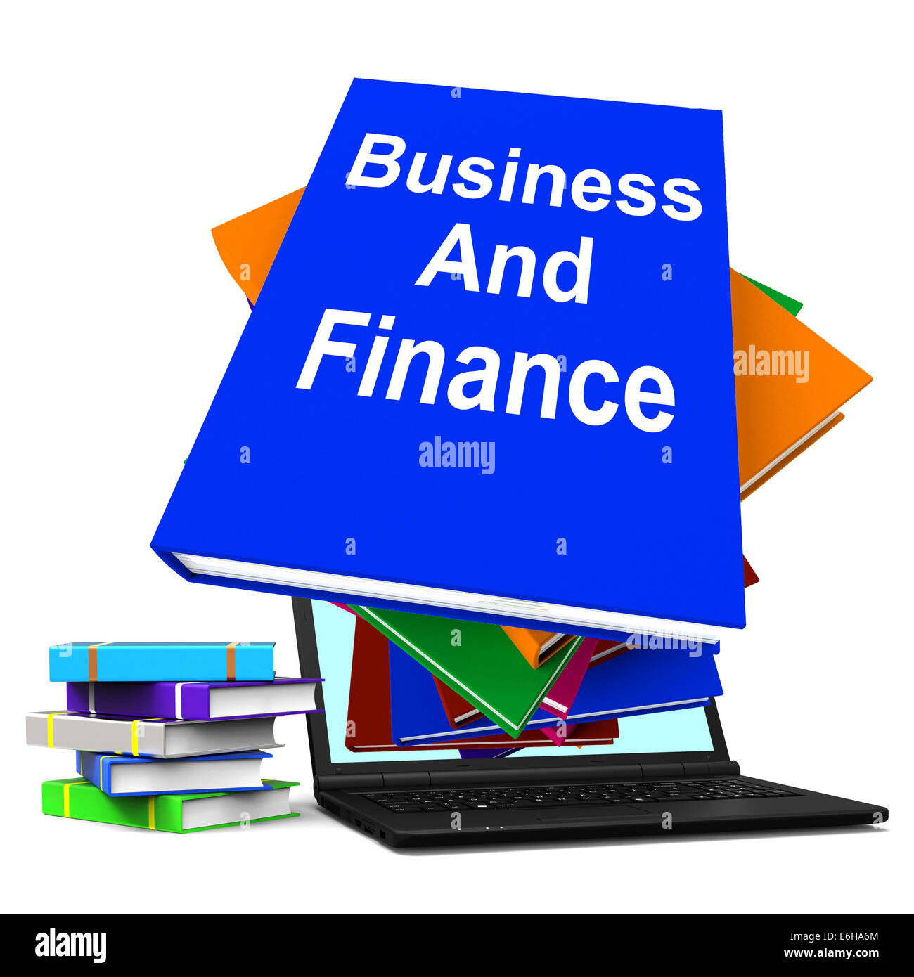 Wirtschaft und Finanzen Buch Stack Laptop zeigt Unternehmen Finanzen Stockfoto