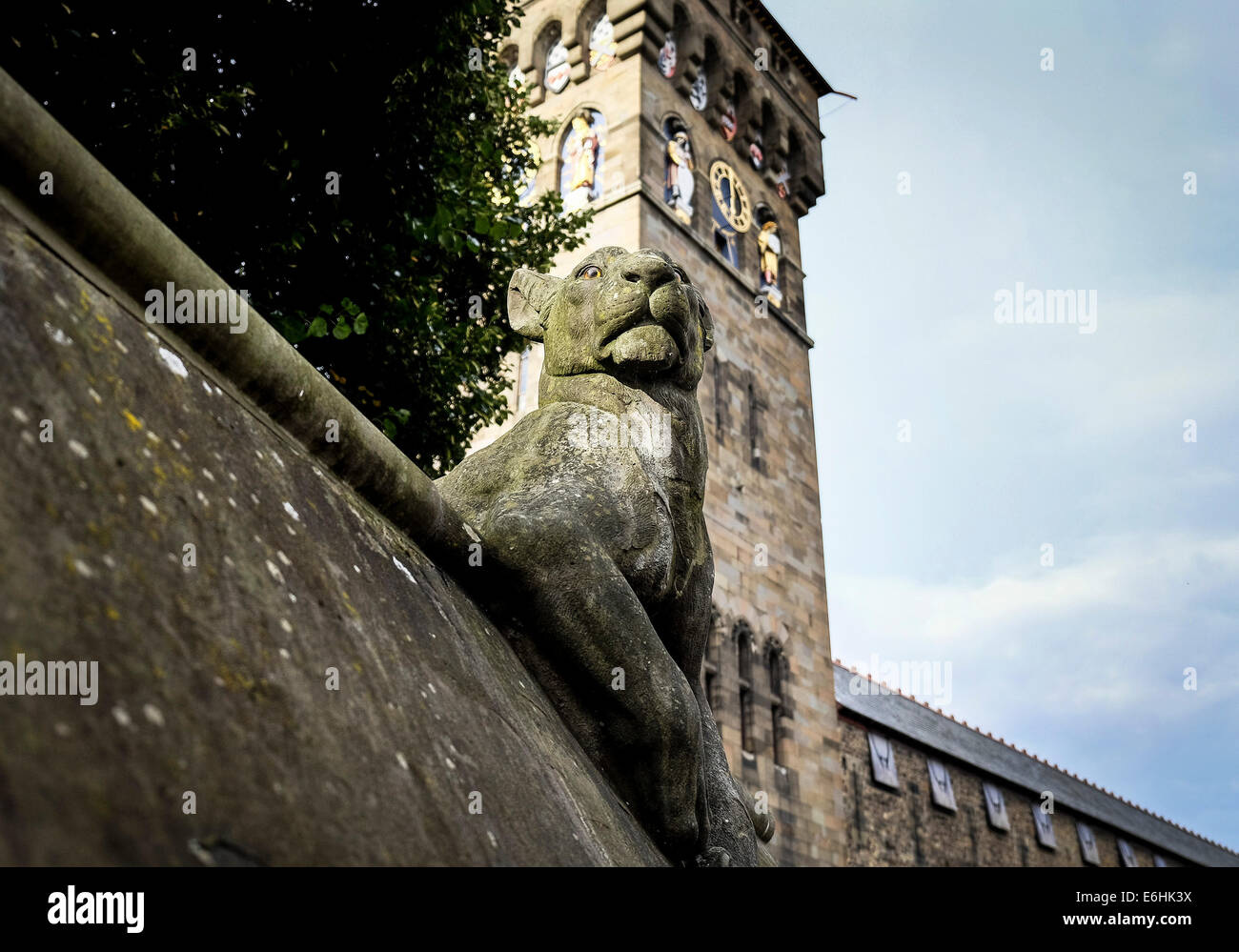 Die Skulptur von einer Löwin an der Tier-Wand in Cardiff Castle. Stockfoto