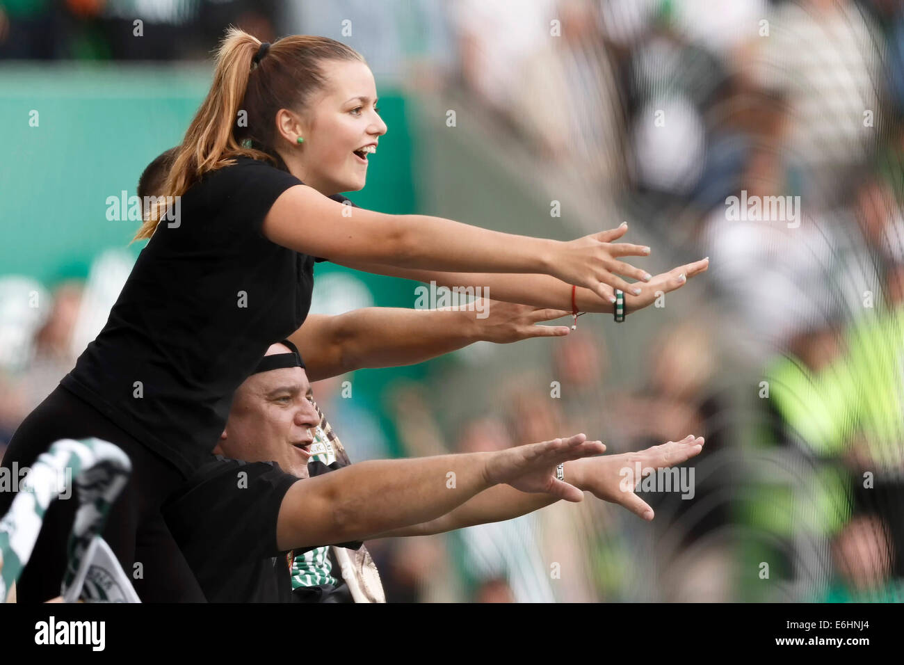 Budapest, Ungarn. 24. August 2014. Anhänger der FTC feiern den Sieg ihrer Mannschaft bei Ferencvaros vs. Nyiregyhaza OTP Bank Liga Fußballspiel im Groupama Arena am 24. August 2014 in Budapest, Ungarn. Bildnachweis: Laszlo Szirtesi/Alamy Live-Nachrichten Stockfoto