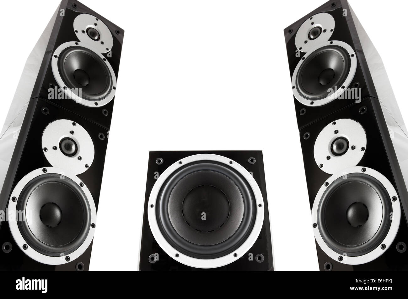 Paar schwarze high gloss Musik Lautsprecher und Subwoofer isoliert auf weißem Hintergrund Stockfoto