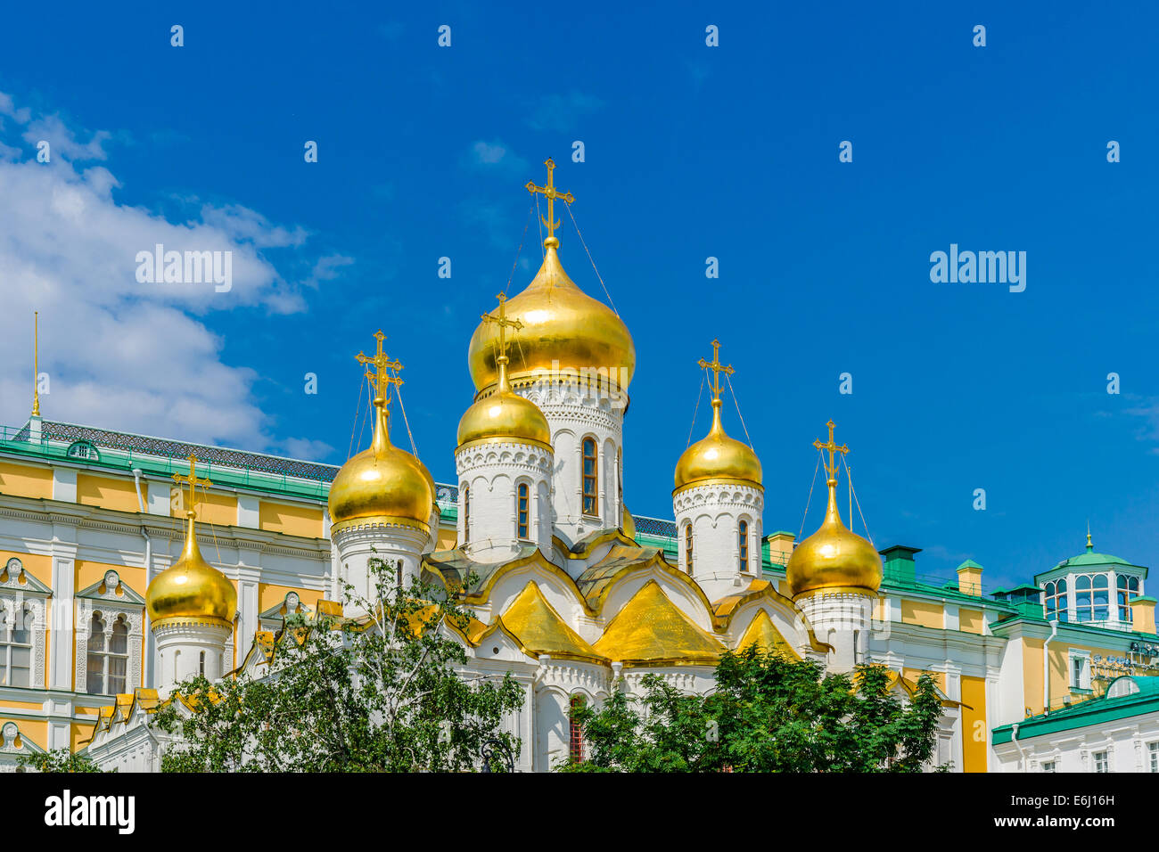 Moskauer Kreml-Tour - 47. Goldene Kuppeln der Verkündigung Kathedrale des Moskauer Kreml und grünen Bäumen Stockfoto