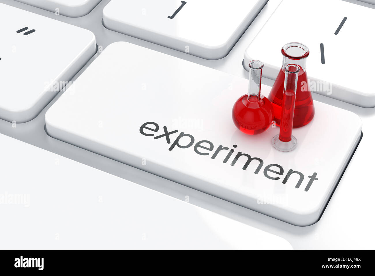 3D Render von Laborglas auf der Tastatur. Labor-Experiment-Konzept Stockfoto