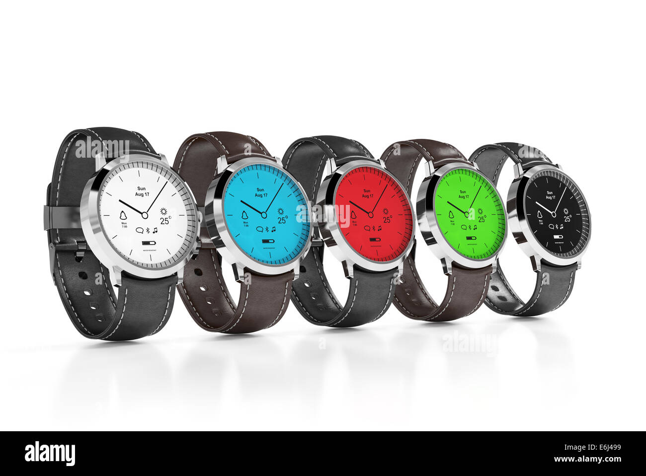 3D Render Classic look smart-Uhren mit verschiedenen Schnittstellen Farbe, isoliert auf weißem Hintergrund Stockfoto