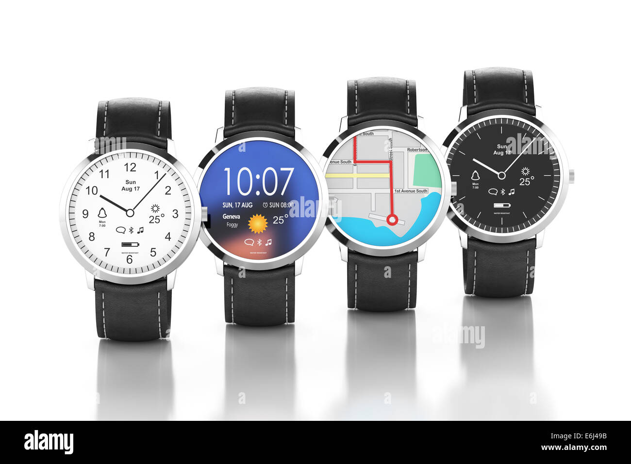 3D Render Classic look smart-Uhren mit verschiedenen Schnittstellen, isoliert auf weißem Hintergrund Stockfoto
