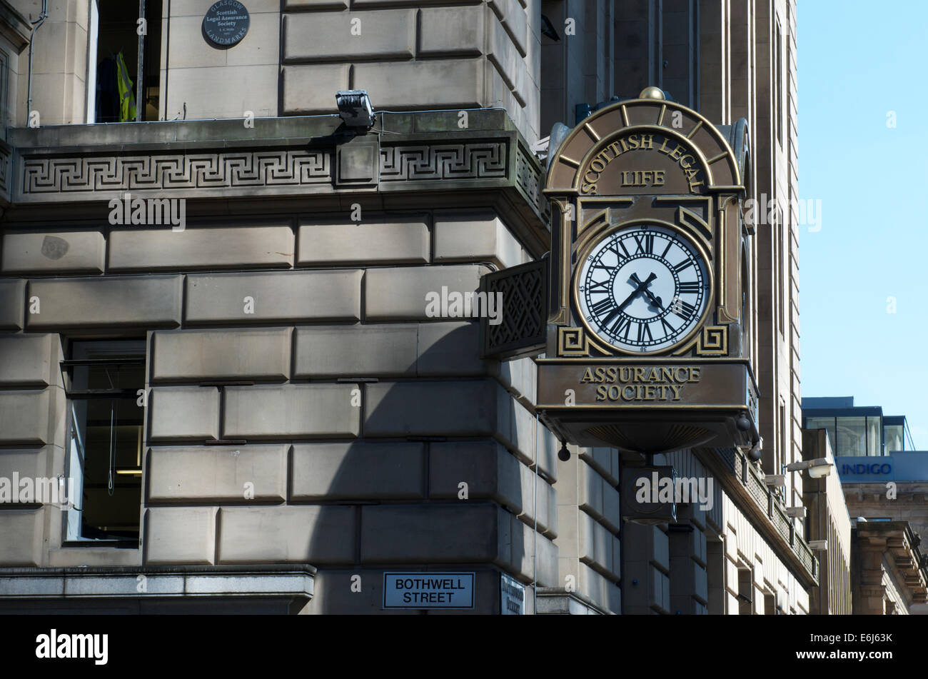 Die Uhr von der Scottish Legal Life Assurance Society auf Bothwell Street Blythswood Street, Glasgow. Stockfoto