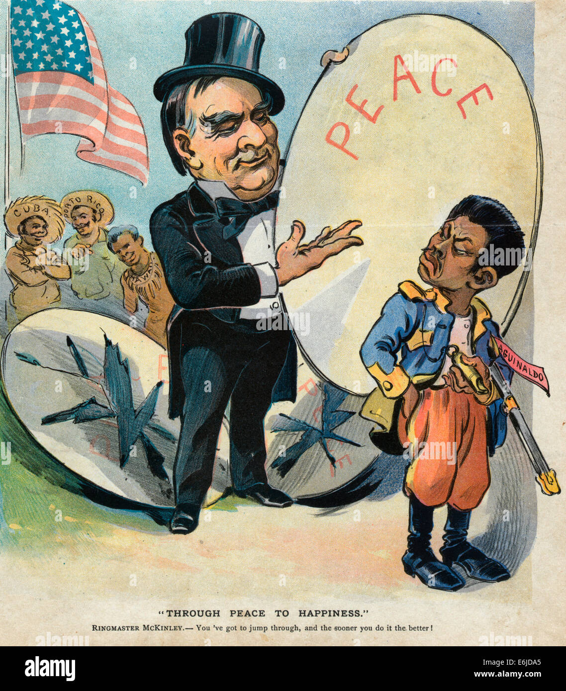 "Durch den Frieden zum Glücklichsein" William McKinley als ein Zirkus Zirkusdirektor versucht, eine trotzige Emilio Aguinaldo, ca. 1899 Koax Stockfoto