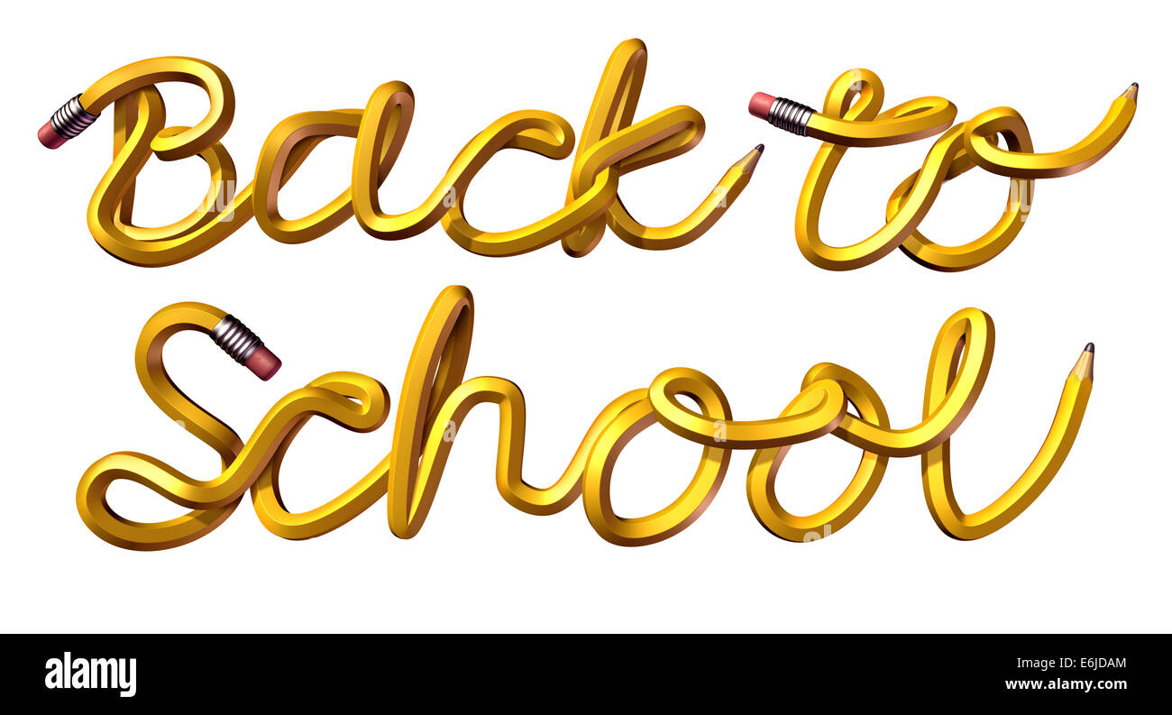 Zurück zur Schule geschrieben Text aus einer Gruppe von drei dimensionale Bleistifte als ein Symbol der Bildung und dem Beginn der Klasse Konzept isoliert auf einem weißen Hintergrund. Stockfoto