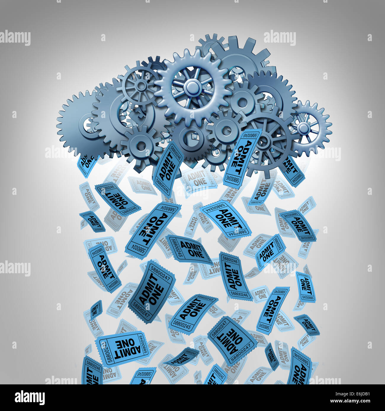 Internet Unterhaltung herunterladen, Online-Filme im Web als ein Medienkonzept Distibution Technologie mit einem virtuellen Server Cloud gemacht von Maschine, Getriebe und Zahnräder regnen Movie Ticket Stubs als Symbol für video-streaming. Stockfoto