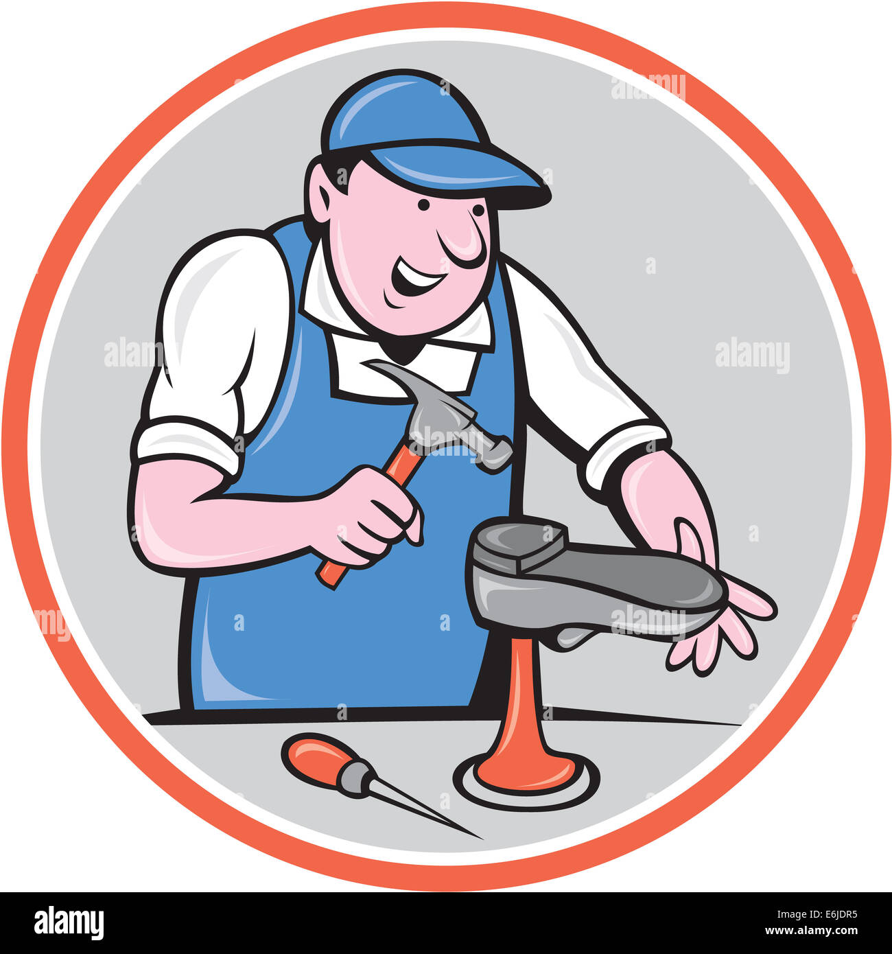 Abbildung eines Schuhs Schuhmacher Schuster reparieren mit Hammer und Schuh Arbeitsseiten im inneren Kreis auf isolierte Hintergrund getan im Cartoon-Stil. Stockfoto