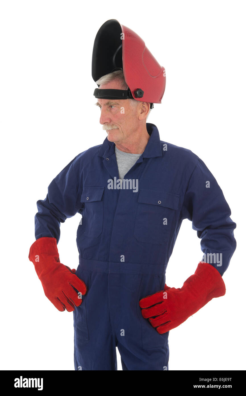 Mann mit Maske und rot Schutzhandschuhe isoliert auf weißem Hintergrund Schweißen Stockfoto