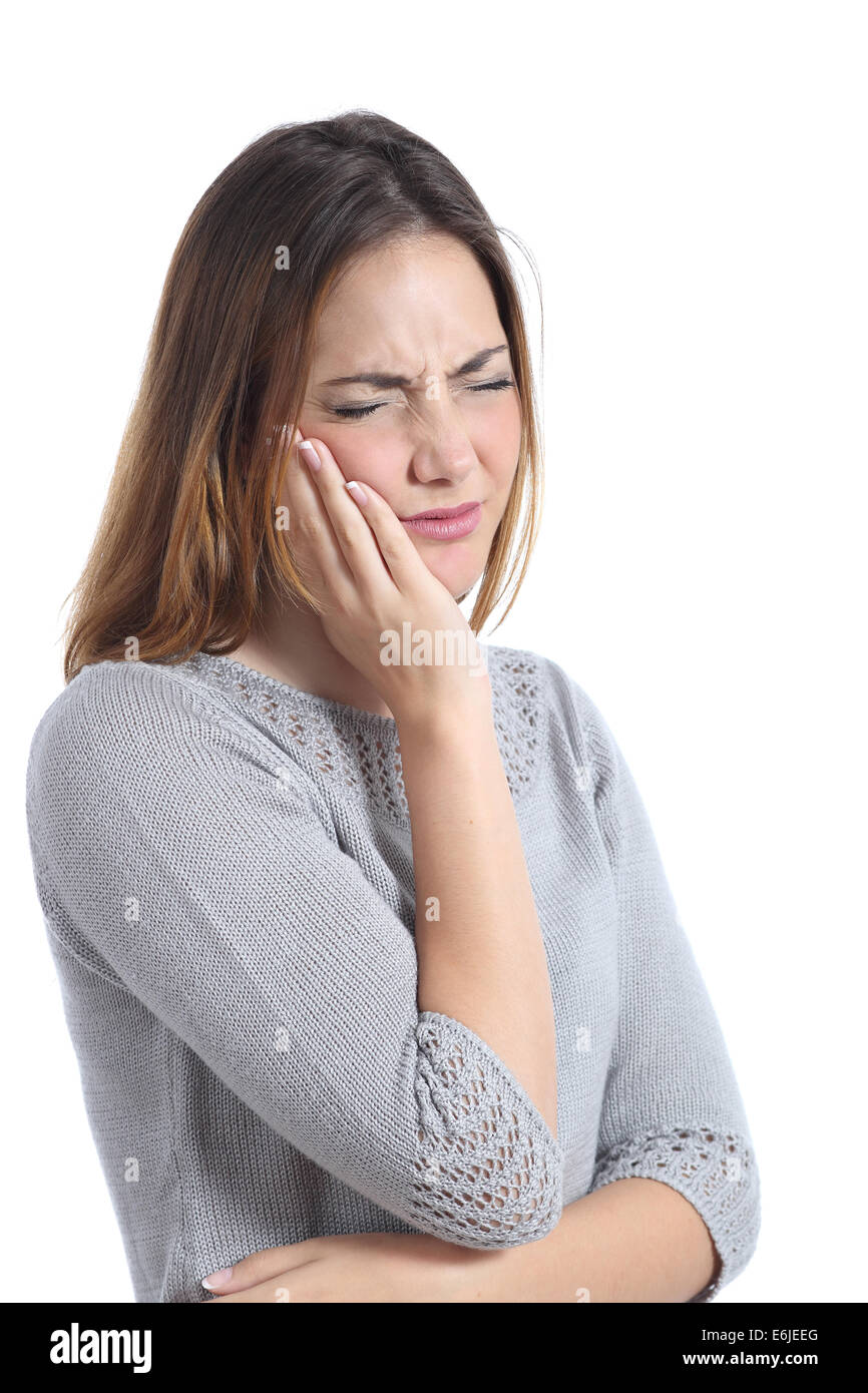 Frau leidet Zahnschmerzen mit Hand auf Gesicht isoliert auf weißem Hintergrund Stockfoto