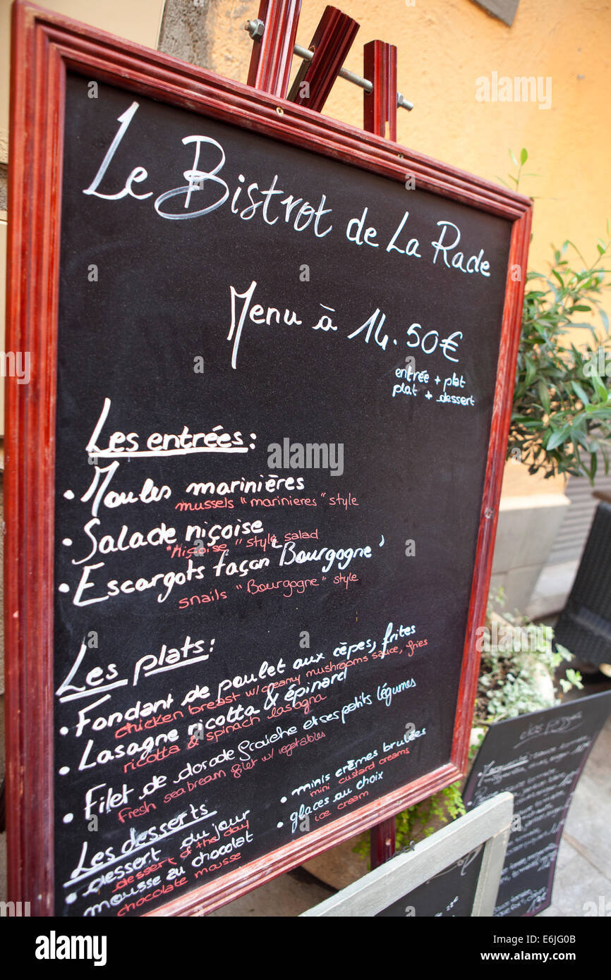 Le Bistrot De La Rade Menü in Monaco Café-bar Stockfoto