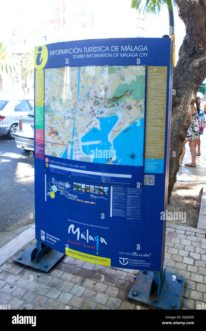 Touristische Informationszeichen von Malaga Stadt Spanien Stockfoto