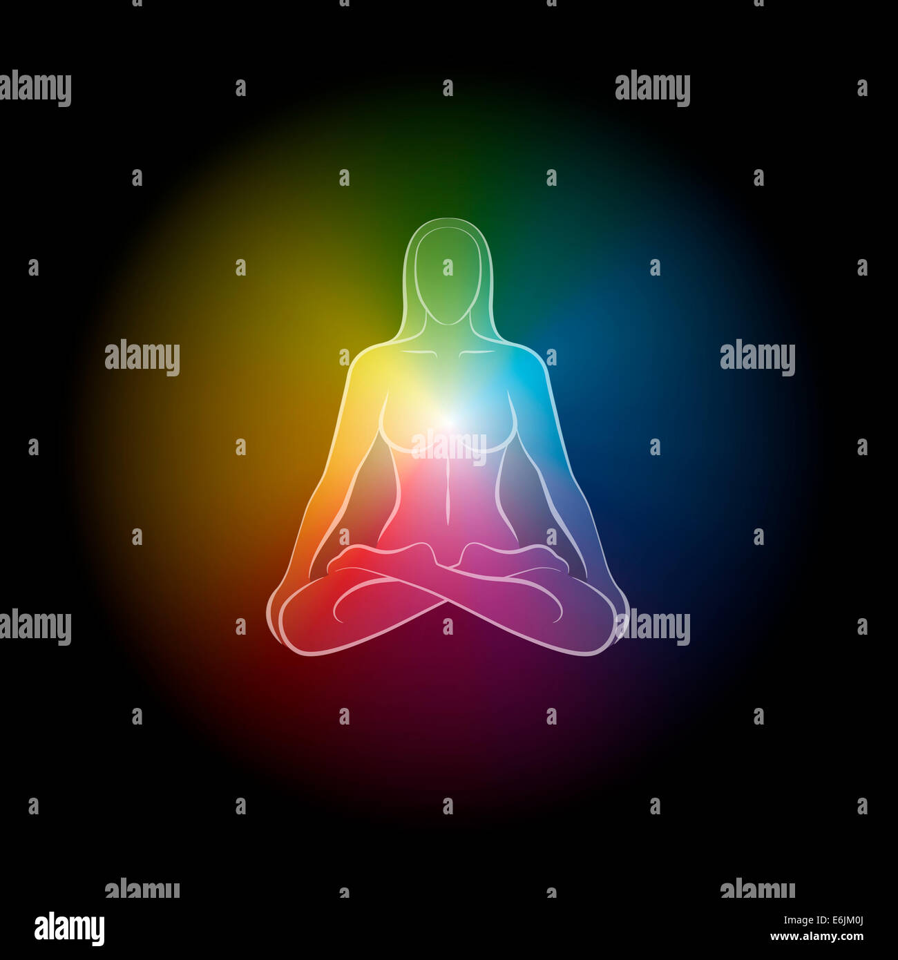 Farbenfrohe mystische Aura eines Meditierenden Frau in Yogaposition. Stockfoto