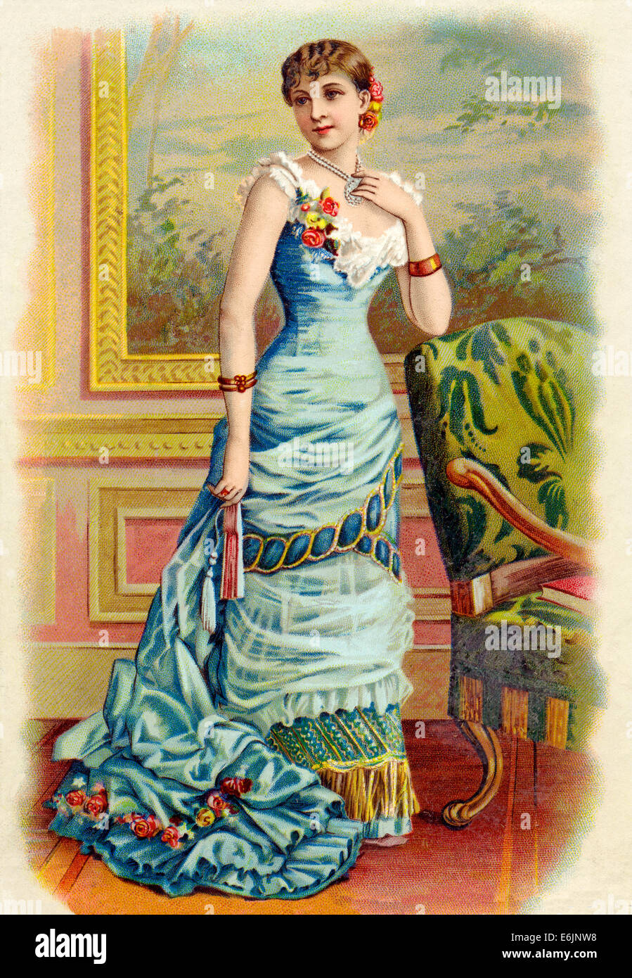 Viktorianische Dame 1890s chromolithograph der modischen Dame verkleidet für einen Abend in ein feines Kleid Stockfoto
