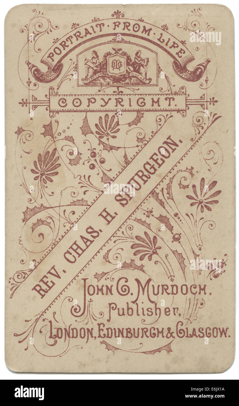 Rückseite des c1882 (Carte de Visite) CDV Porträt Karte des berühmten London Minister Charles Haddon Spurgeon durch John G. Murdoch. Stockfoto