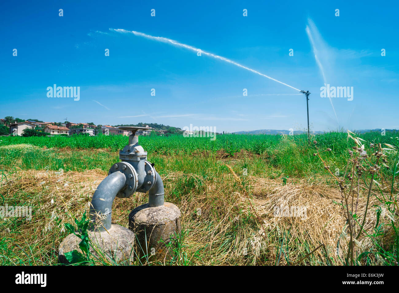 Landwirtschaftliche Bewässerung-Systeme. Sprinkler und Rohre Stockfoto