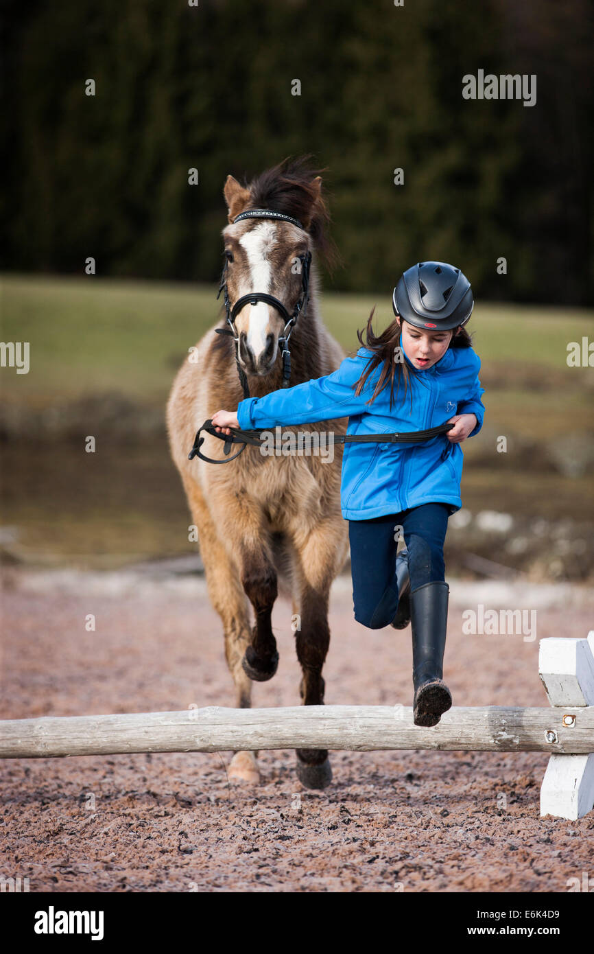 Mädchen tragen einen Reithelm, springen über ein Hindernis für ein Pony, Falbe, mit Zaum, Tirol, Österreich Stockfoto