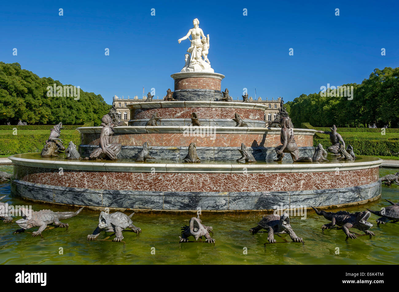 Brunnen der Latona, neuen Schloss Herrenchiemsee, Schlosspark Schlosspark, romantische Insel, Chiemsee See, Chiemgau Stockfoto
