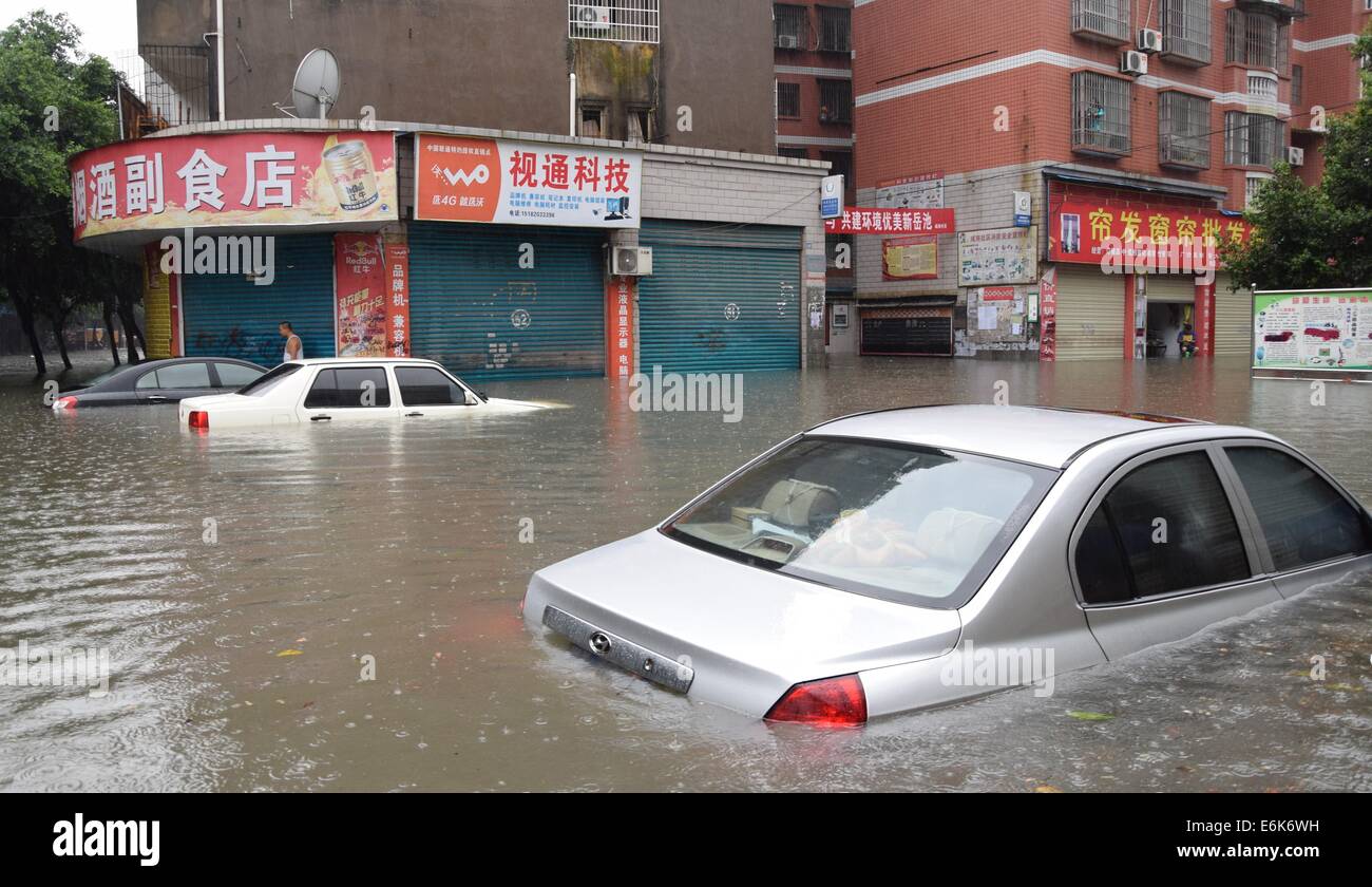 Guang'an, der chinesischen Provinz Sichuan. 26. August 2014. Autos sind auf einer überfluteten Straße in Yuechi Grafschaft von Guang'an City, der südwestlichen chinesischen Provinz Sichuan, 26. August 2014 Wasser eingetaucht. Ein Gewitter schlug die Grafschaft am Dienstag, verursacht eine schwere urban Staunässe. Bildnachweis: Hu Zuobin/Xinhua/Alamy Live-Nachrichten Stockfoto