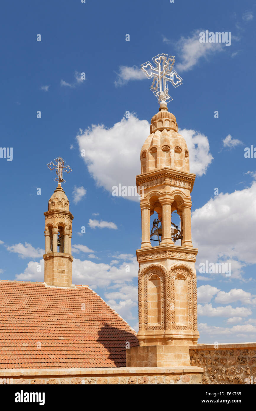 Kirche-Türme, Mor Gabriel Monastery, in Südost-Anatolien-Region, Mardin, Midyat und Tur Abdin Provinz Anatolien, Türkei Stockfoto