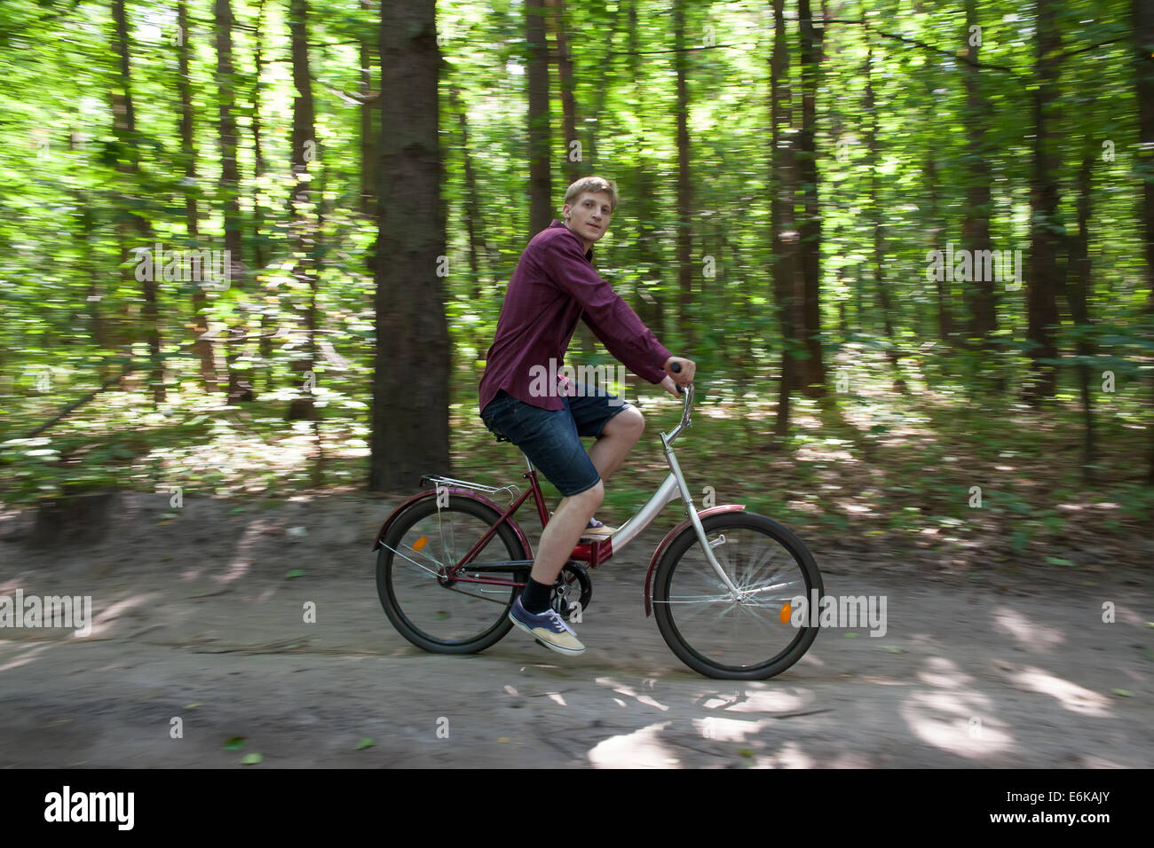 Junger Mann mit seinem Fahrrad in den Wald Stockfoto