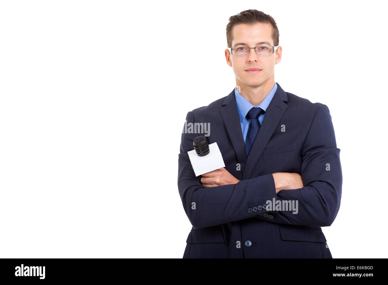 schwere jungen Nachrichtenreporter isoliert auf weiss Stockfoto