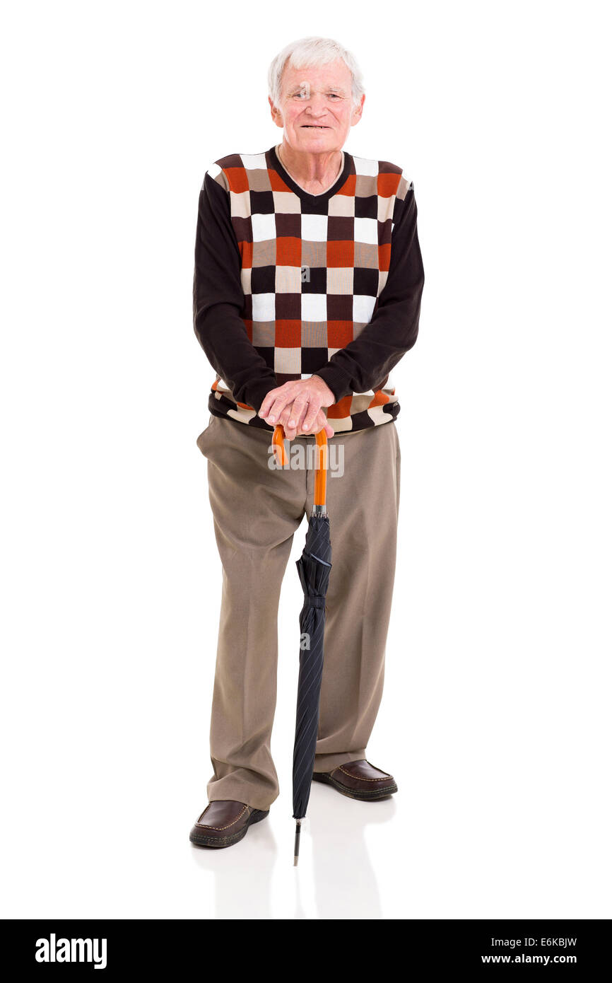 gut aussehender älterer Mann mit Regenschirm isoliert auf weißem Hintergrund Stockfoto