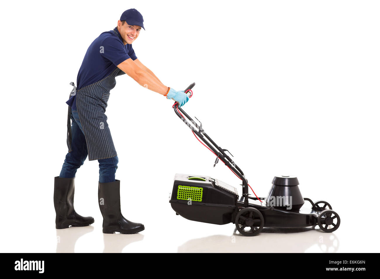 professionellen männlichen Gärtner mit einem Rasenmäher Stockfotografie ...