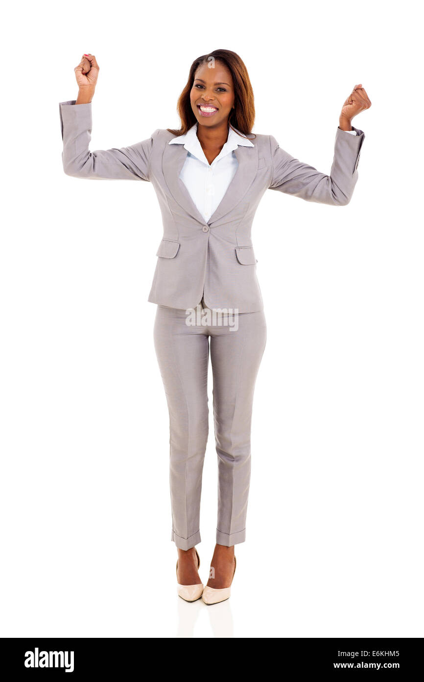 aufgeregt afroamerikanischen Geschäftsfrau isoliert auf weißem Hintergrund Stockfoto